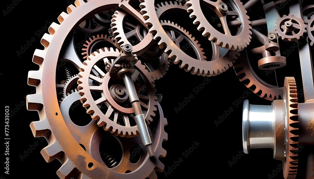 Close-up of interconnected metal gears and cogs on a dark background, symbolizing industry and machinery.