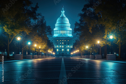 During night, Washington DC Capitol Hill dome building is illuminated. AI Generation photo