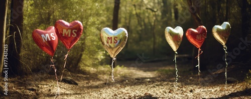Shiny silver heart shaped balloons with float against a dark background conveying celebration