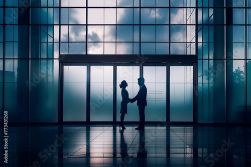 business couple shaking hands in front of a large office door photo