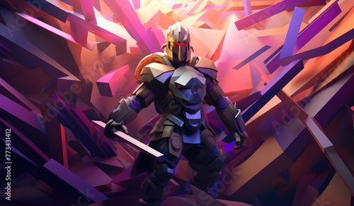 Advanced future knight warrior illustration. The battle to save the world, in the style of abstract minimalism appreciator, violet and amber, realistic hyper-detail, simple forms, havencore. photo
