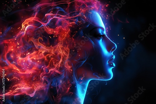 A girl's face surrounded by abstract shapes of red smoke on a dark background