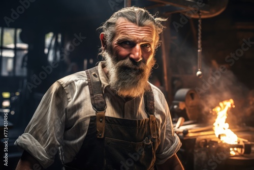 Wise blacksmith, aged and skilled, forges in solitude with a burning crucible, a scene of authenticity.