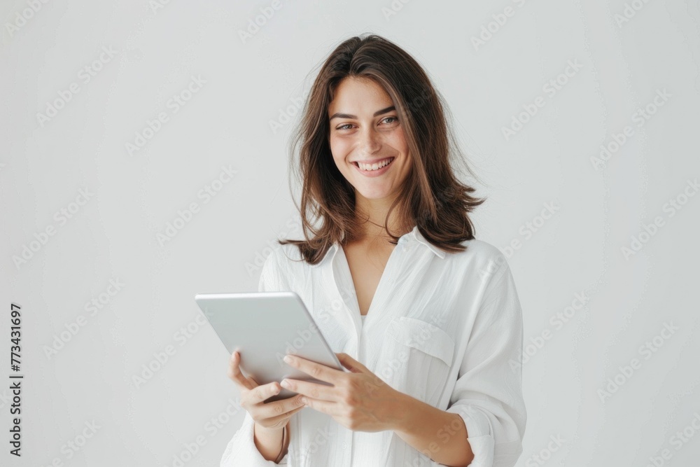 A woman in white shirt holding an iPad and smiling at the camera A woman in white shirt holding an iPad and smiling at the camera