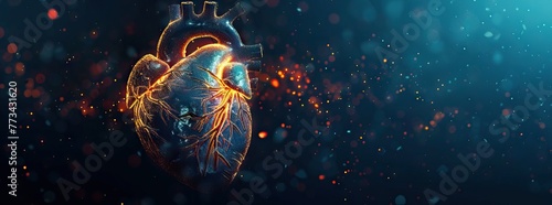 Futuristic holographic heart concept in glowing low polygonal style isolated on dark background. AI generated illustration