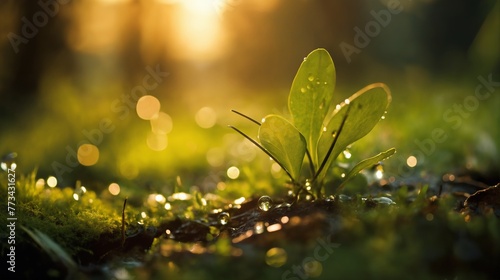 a beautiful spring landscape with dew on the grass in a forest glade after rain, sunlight and beautiful nature