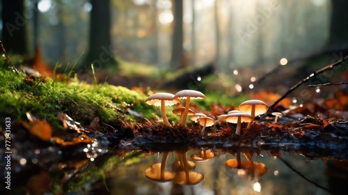 a beautiful autumn landscape with mushrooms and fallen leaves in a forest glade at sunset, sunlight and beautiful nature, reflection in a puddle of water