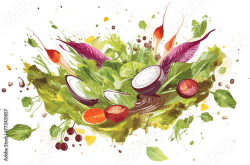 Fresh salad with flying vegetables ingredients isolated on transparent background