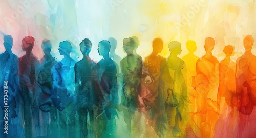 A group of diverse people silhouette in new normal wearing masks. AI generated illustration