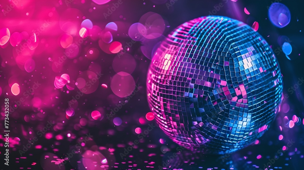 Obraz premium Glimmering Disco Ball Radiating Lights with a Festive Vibe. Perfect for Party Themes and Music Events. A Celebration Atmosphere Captured. AI