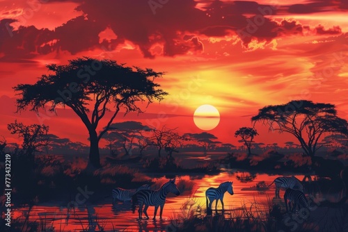 A majestic African sunset painting with silhouettes of acacia trees and wildlife like zebras © ASDF