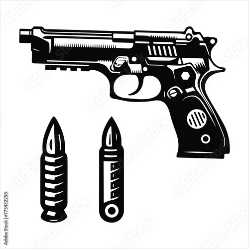 Pistols and revolver silhouette. Black and white detailed silhouette vector pistol and revolver. gun silhouette, pistol illustration, handgun, pIstols and revolver