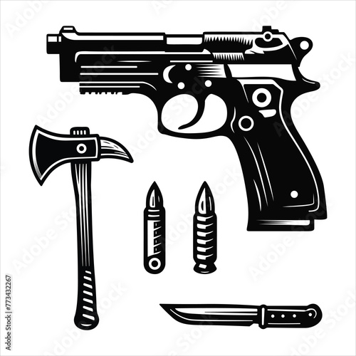 Pistols and revolver silhouette. Black and white detailed silhouette vector pistol and revolver. gun silhouette, pistol illustration, handgun,