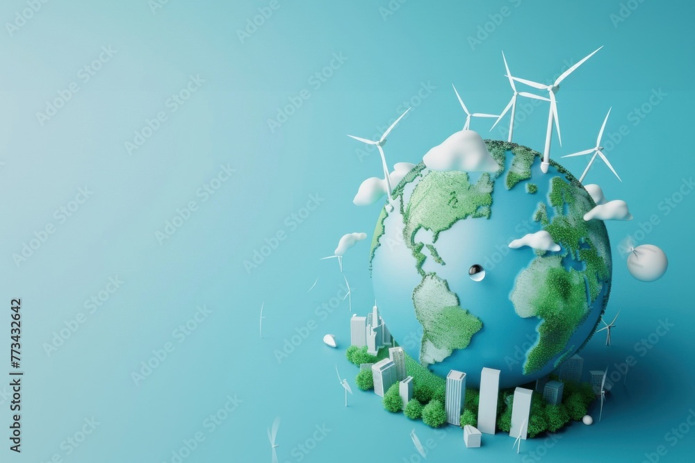 3D rendering of Earth with a green city and wind turbines on a light blue background. Concept for eco-friendly energy and sustainable development in the style of Mac Studio lighting. 3D rendering of Earth with a green city and wind turbines on a light blue background. Concept for eco-friendly energy and sustainable development in the style of Mac Studio lighting.