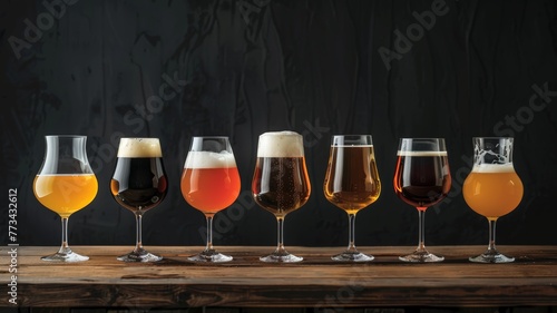 Different types of beer are presented in a row of glasses, showcasing the variety of colors and textures in each beverage