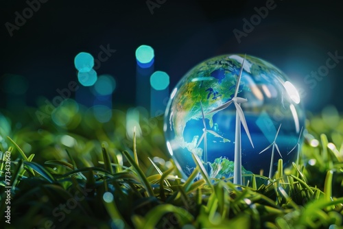 Surrealistic photo of an Earth-shaped glass ball with wind turbines and green grass on it