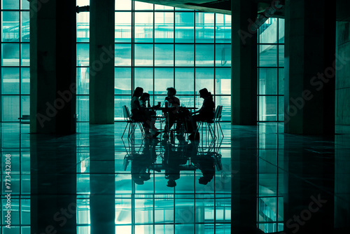 group of people in a business meeting in front of large windows