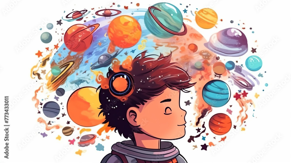 child Astronaut imagining space in mind merged brain with watercolor space art, gateway to another universe.space, cosmonaut and galaxy for poster, banner , future, science fiction, astronomy