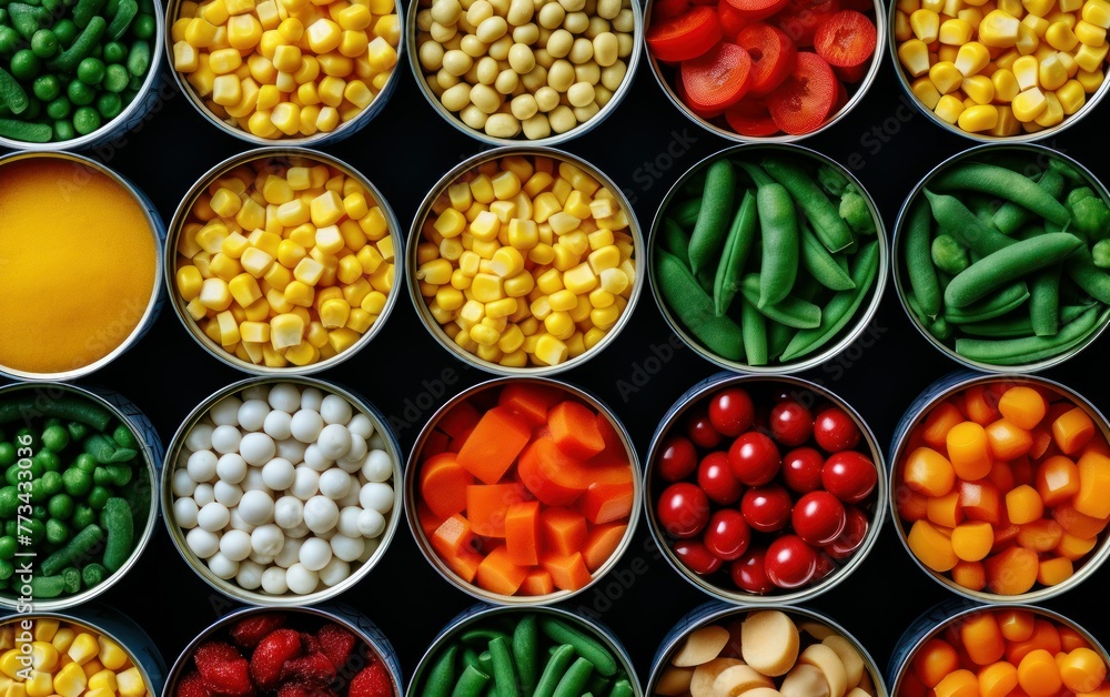 Top view, multiple cans of various vegetables in cans Top view, multiple cans of various vegetables in cans