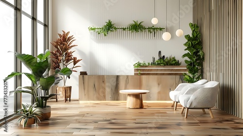 interior design for reception area in modern style with plant chair table and many props on wood floor and white wall photo