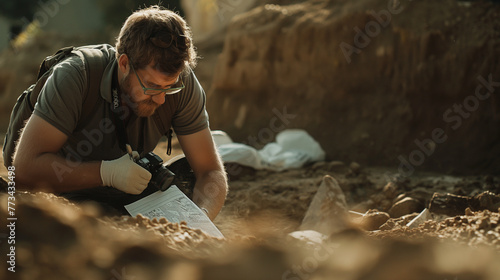 A photo of a journalist in the midst of an archaeological dig, dust-covered, camera slung over their shoulder, as they jot down notes next to a newly uncovered artifact, with the e photo
