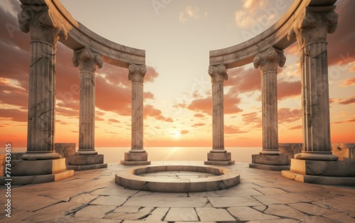 Ancient marble pillars in elliptical arrangement with orange sky