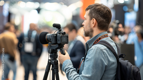 A tech journalist at a major product launch, recording a video report with the latest gadget in hand against the backdrop of the bustling event, conveying the excitement and innova