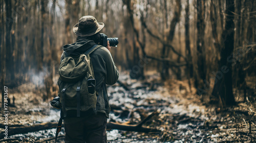 An environmental journalist in a forest affected by climate change, holding a camera, with the stark contrast of the damaged environment around them, capturing the urgency of envir