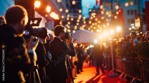 A reporter at an international film festival  interviewing a leading actor on the red carpet  the flash of cameras illuminating their faces against the evening sky  capturing the g