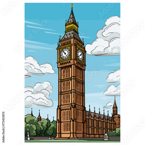 Big Ben hand-drawn comic illustration. Big Ben. Vector doodle style cartoon illustration