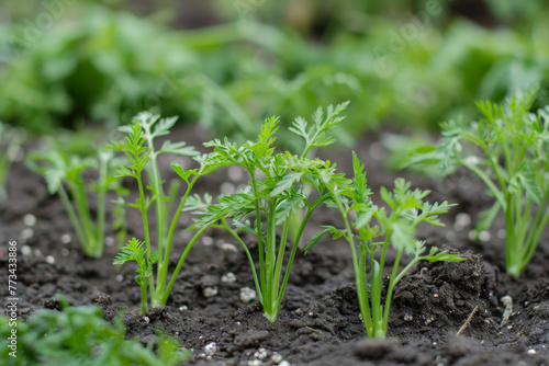 Carrot seedlings growing in soil