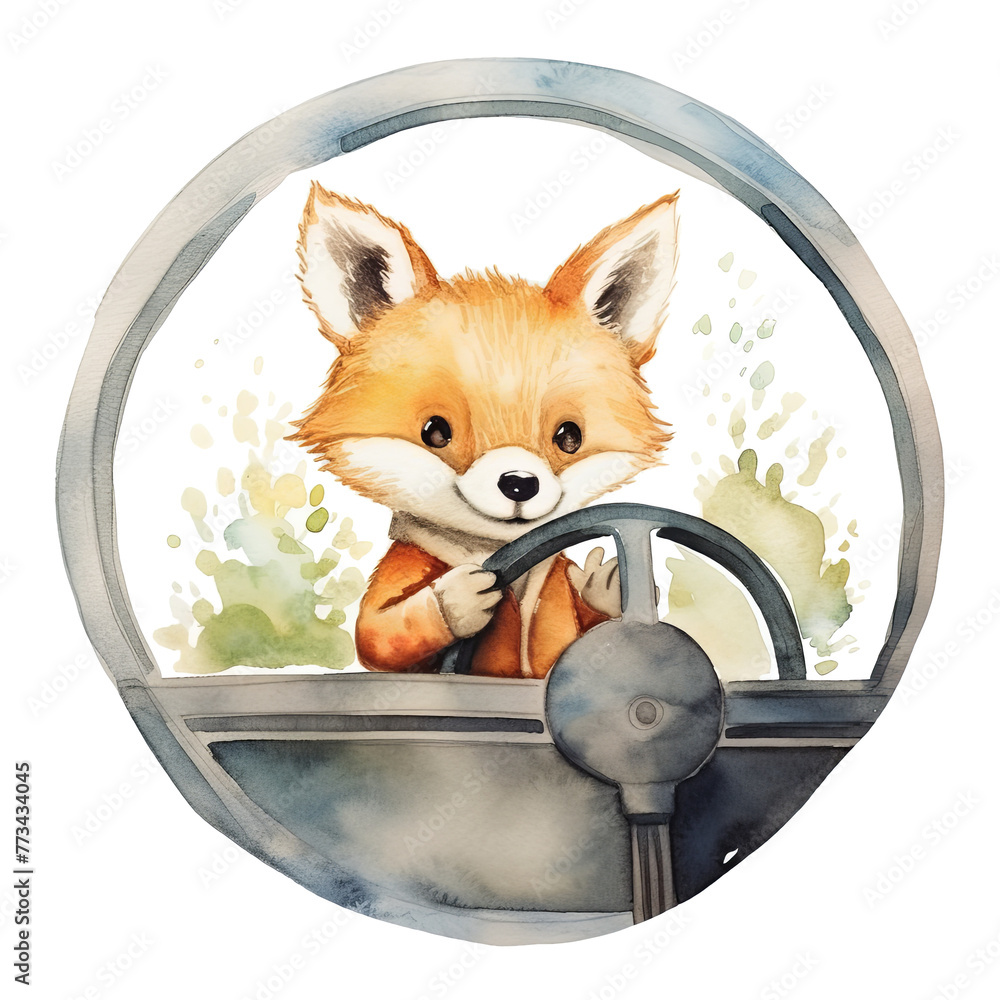 Obraz premium Little Fox Driving a Car Watercolor Painting