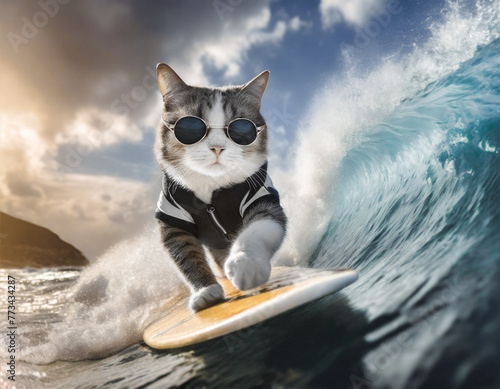 surfer cat with sunglasses on surfboard rides the wave in the sea landscape at sunset,chance,good time,opportunity,vacation,sport and summer concept