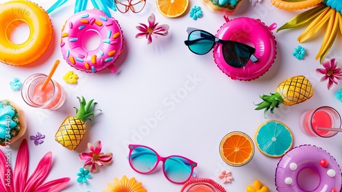 frame of summer vibes concept with colorful pool party items, funny sunglasses, cocktail glasses, pineapple and donut inflatable drink holders, flip flops and flower necklaces on white background