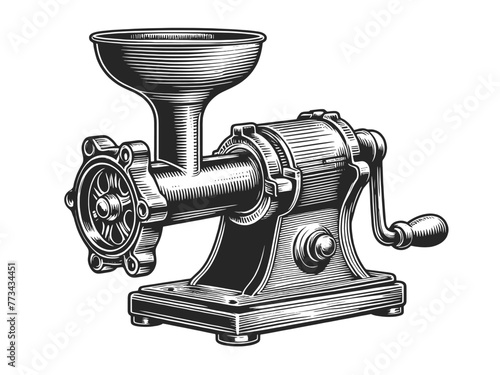 classic manual meat grinder with a handle, showcasing detailed engraving and old-fashioned design sketch engraving generative ai vector illustration. Scratch board imitation. Black and white image.
