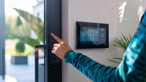 Person setting a smart home alarm system on a touchscreen panel photo