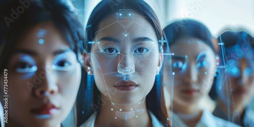 Surveillance and facial recognition concept banner. AI facial identification, Multiple women's faces with digital interface