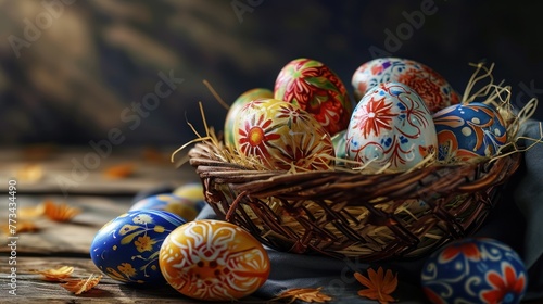 A basket of colorful Easter eggs on a wooden table.