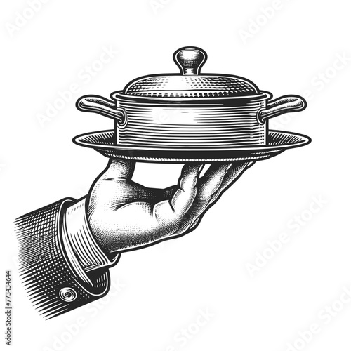 Waiter butler hand carefully presenting covered serving dish, symbolizing service and hospitality sketch engraving generative ai vector illustration. Scratch board imitation. Black and white image.