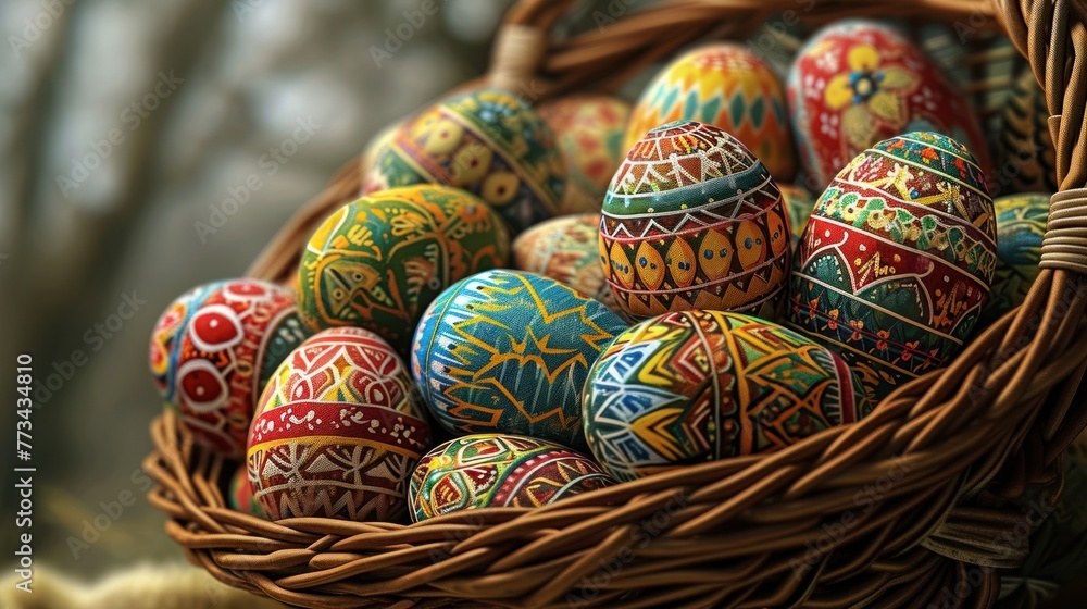 A basket filled with brightly colored, intricately decorated Easter eggs.