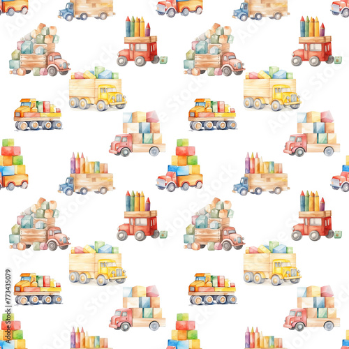 seamless pattern wood toys in car