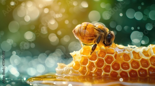 Closeup of a honeybee, a pollinator insect on a honeycomb © Katsiaryna
