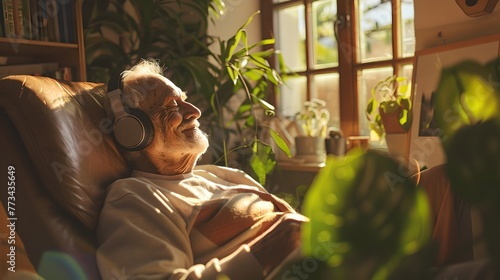 Elderly Man Relaxes in a Sunlit Room Surrounded by Plants, Reflecting Tranquility and Comfort. Cozy Home Environment Captured in Comfortable Setting. Lifestyle Imagery with a Warm Feel. AI