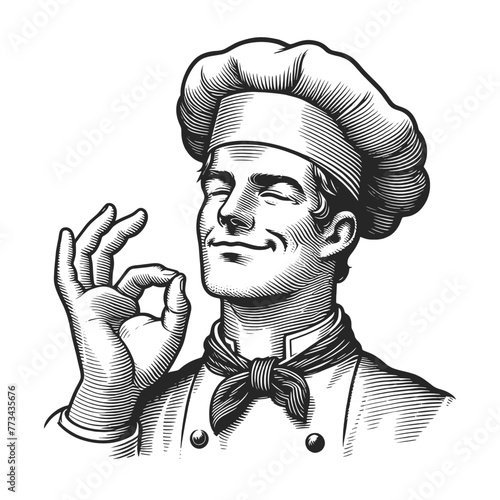 italian or french chef making a perfect taste hand gesture, culinary excellence satisfaction sketch engraving generative ai fictional character vector illustration. Black and white image.