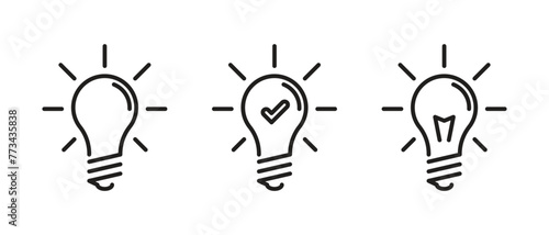Set of light bulb linear icons with rays and check mark. concept of creativity in business.