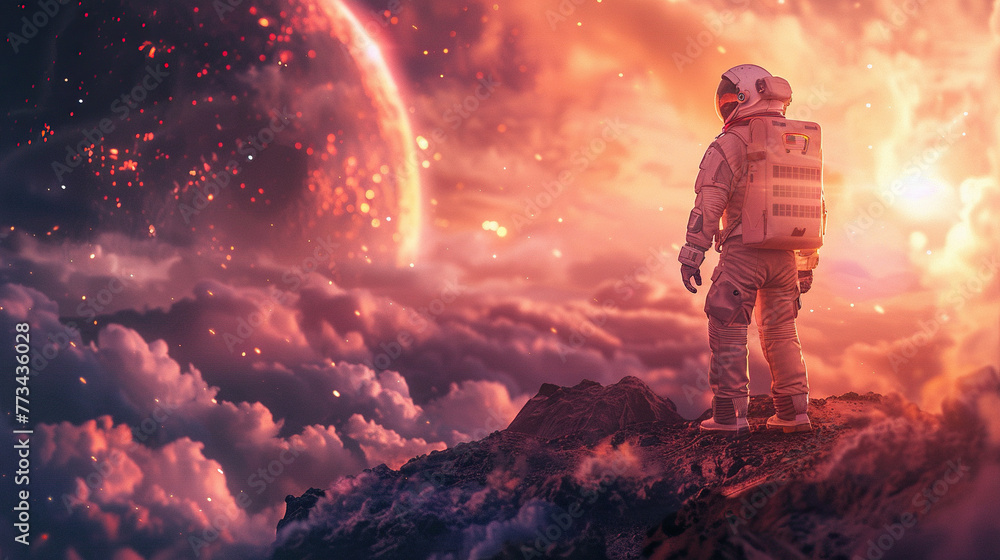 illustration of Astronaut on another planet space exploration, gateway to another universe.space, cosmonaut and galaxy for poster, banner , future, science fiction, astronomy