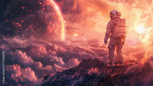 illustration of Astronaut on another planet space exploration, gateway to another universe.space, cosmonaut and galaxy for poster, banner , future, science fiction, astronomy