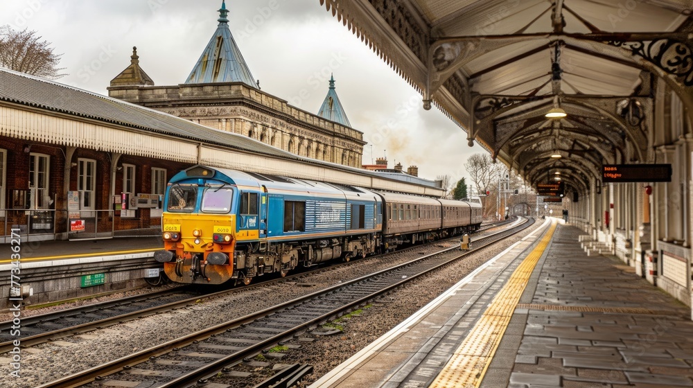 LINCOLN, LINCOLNSHIRE UK - FEBRUARY 12 2022: British Rail 195 Class Diesel Passenger train pulls out of Lincoln Station bound for Leeds