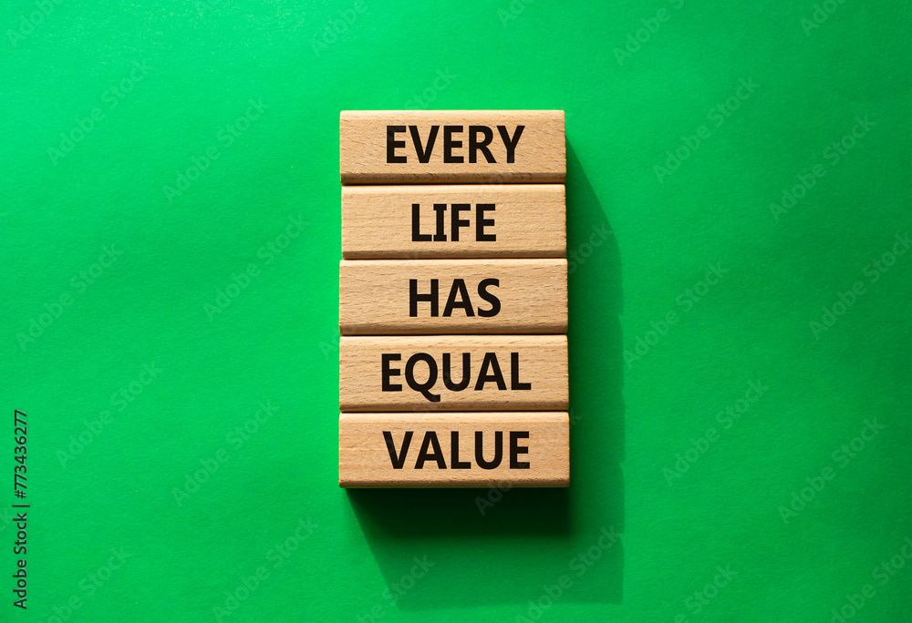 Equality symbol. Wooden blocks with words Every Life has Equal Value. Beautiful green background. Equality and life concept. Copy space. Equality symbol. Wooden blocks with words Every Life has Equal Value. Beautiful green background. Equality and life concept. Copy space.