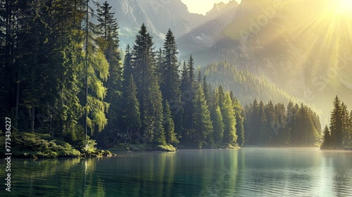 lake and coniferous forest at Mountain foot  photo